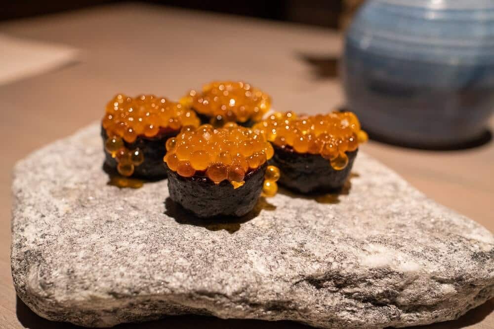Wild trout roe served in a crust of dried pig`s blood
